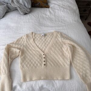 Intermix eyelet Cream V-Neck Buttoned Women Sweater